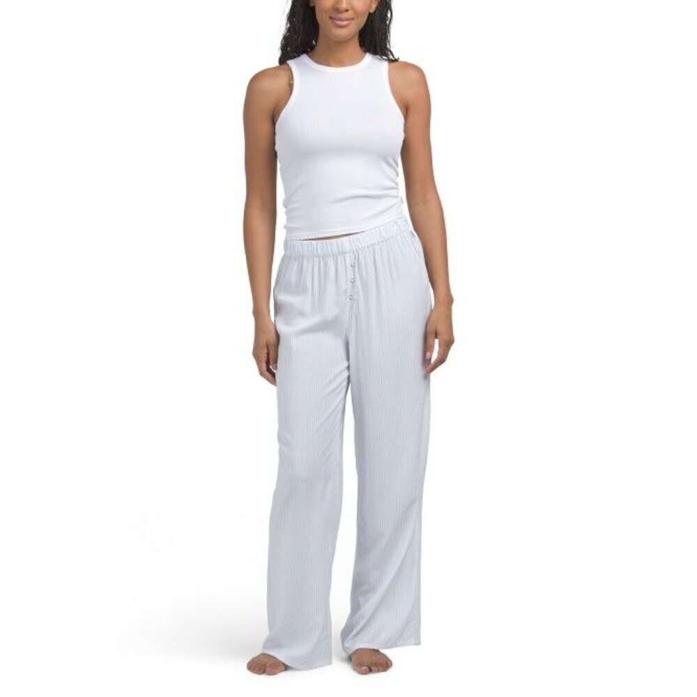 Bliss Womens Blue White Rib Tank Shorts And Pants Pajamas 3 Pc Sets Sz L New